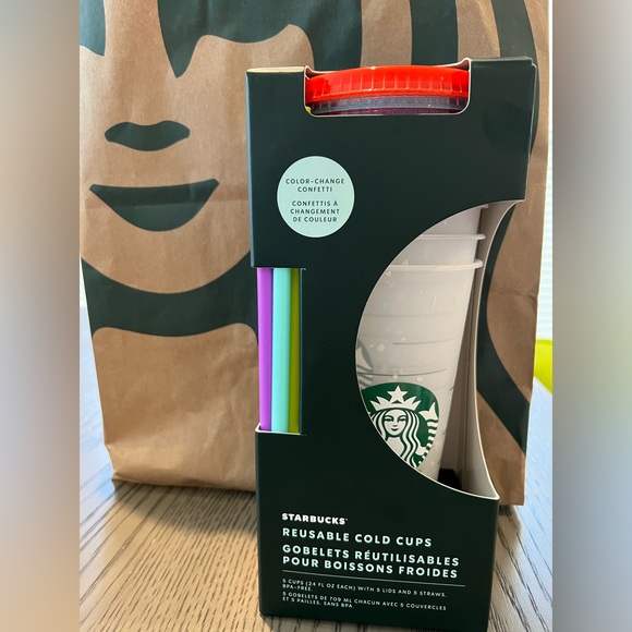 Starbucks 5 Confetti Color Changing Cold Cups Lids Straws Coffee Brand New